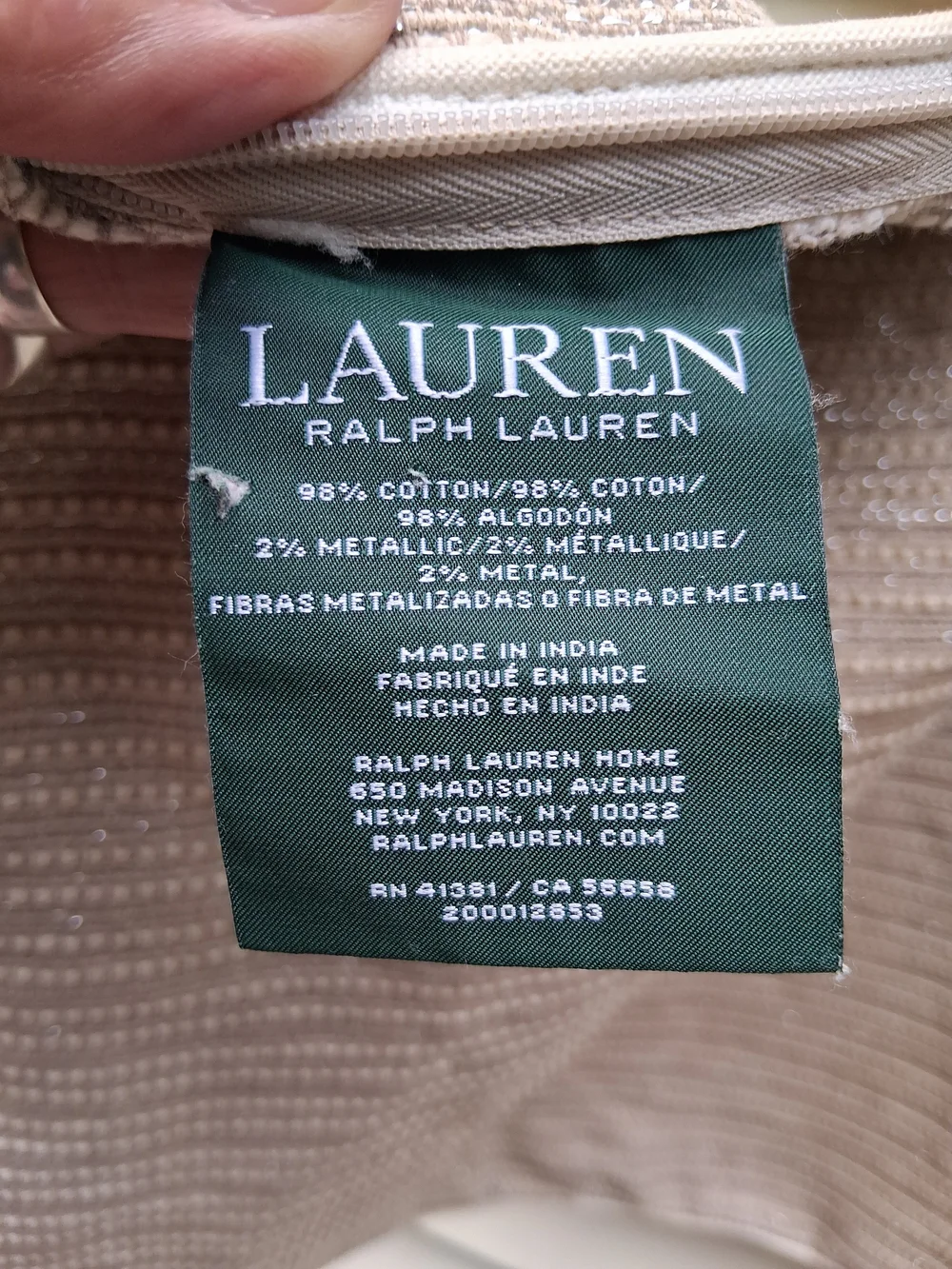 Lauren Ralph Lauren 22x22 Square Pillow Cover Beige/Silver 98% Cotton 2% Metal